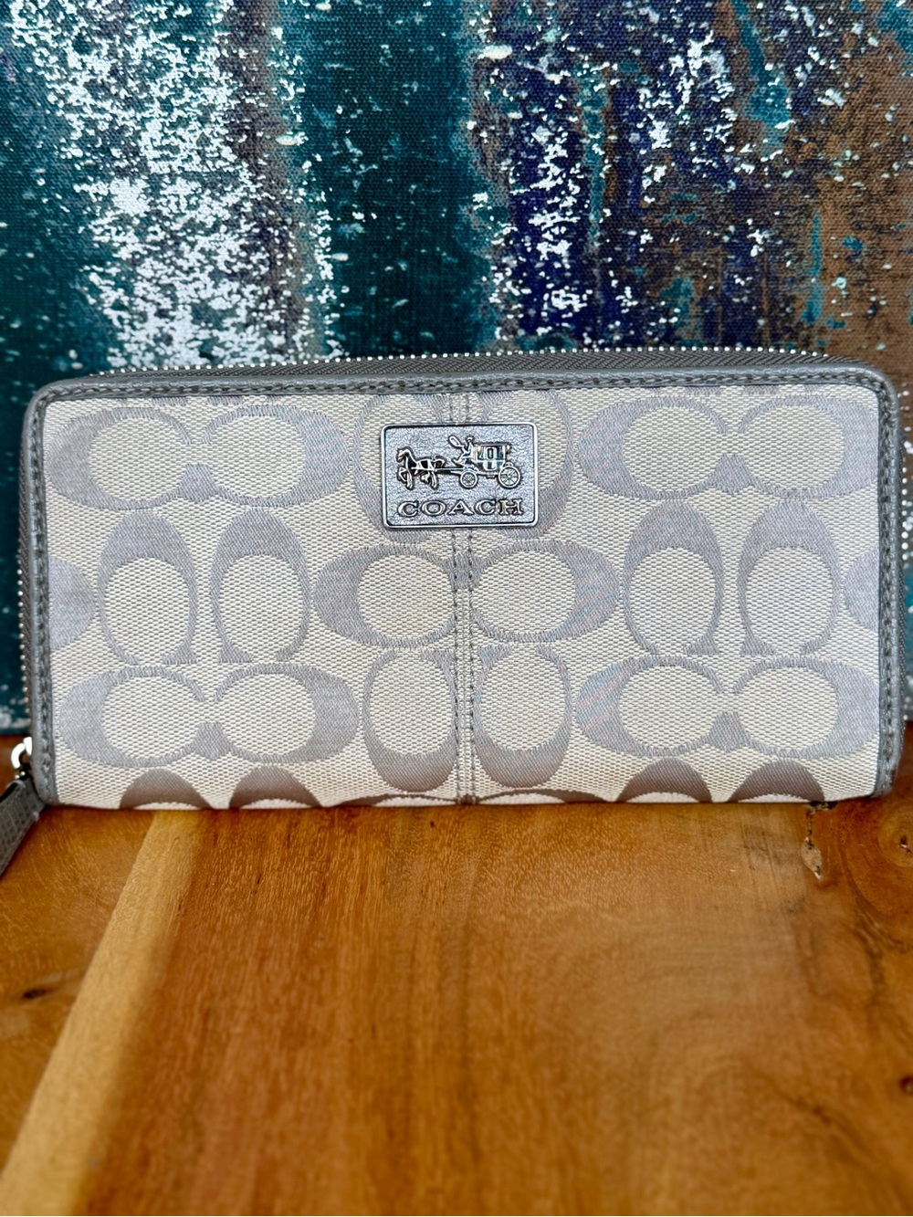 Coach Y2K Poppy Silver Lurex‎ Signature Zip Around Wallet GUC